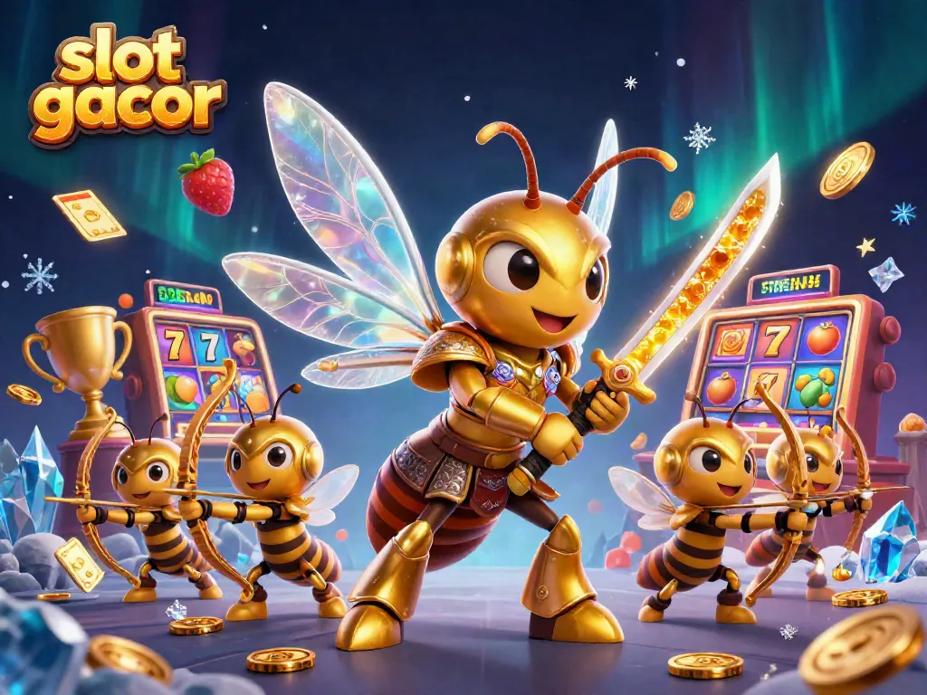 Engage with slot gacor dynamics in a vibrant scene featuring a golden hornet samurai and gaming elements.