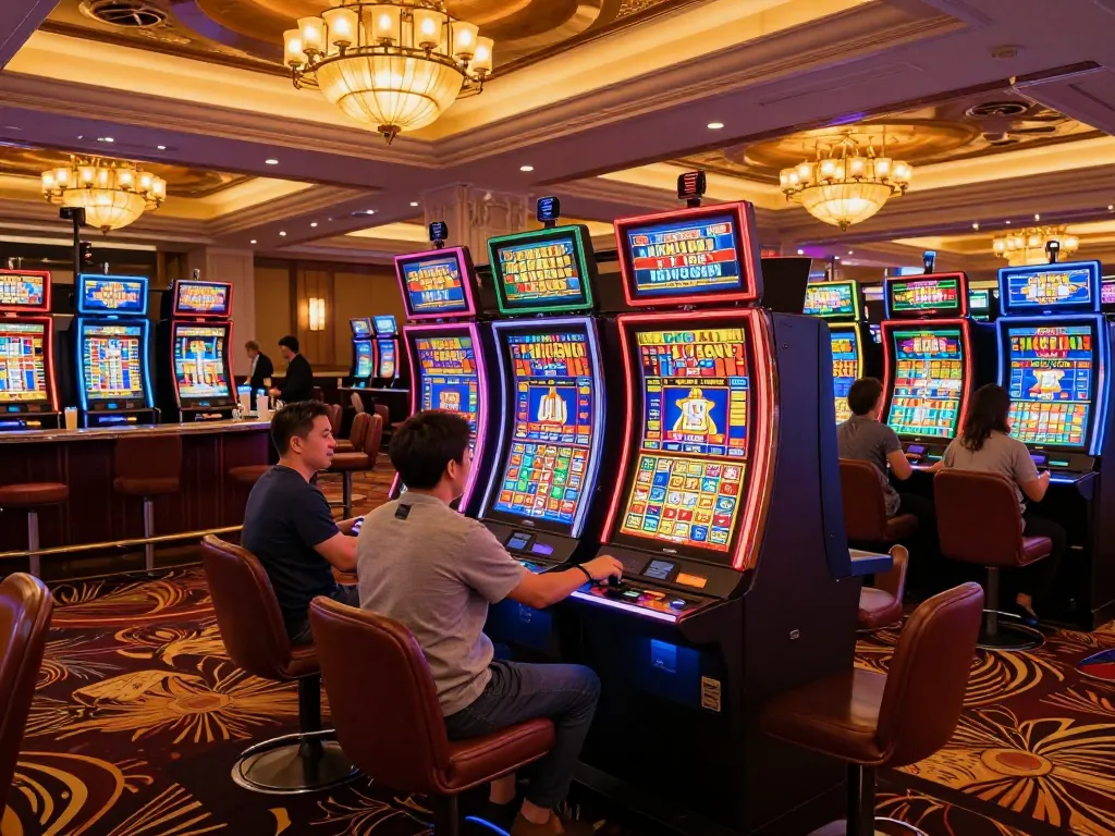 Players enjoying vibrant slot games at B52, bright casino atmosphere with jackpot excitement.