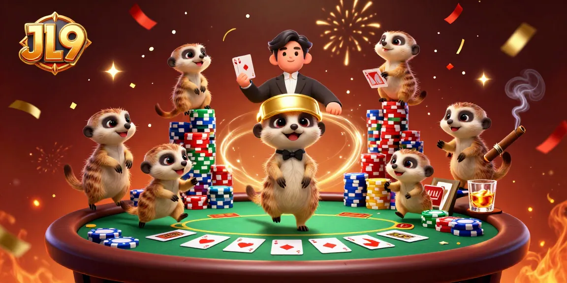 JL9 showcases meerkats in a vibrant casino scene with poker elements and festive energy.