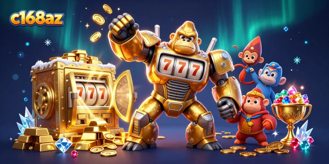 Experience thrilling action at c168az with a dynamic 3D casino scene featuring a golden gorilla mech.
