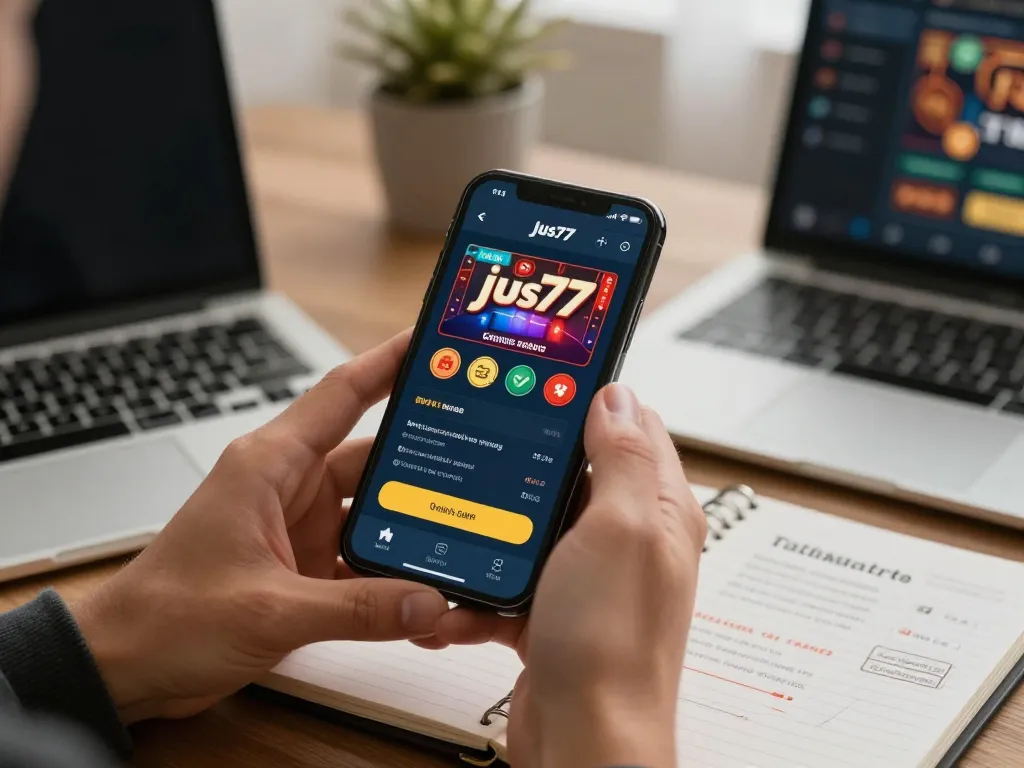 Engaging experience with the jus77 casino app on a smartphone during an online gaming session