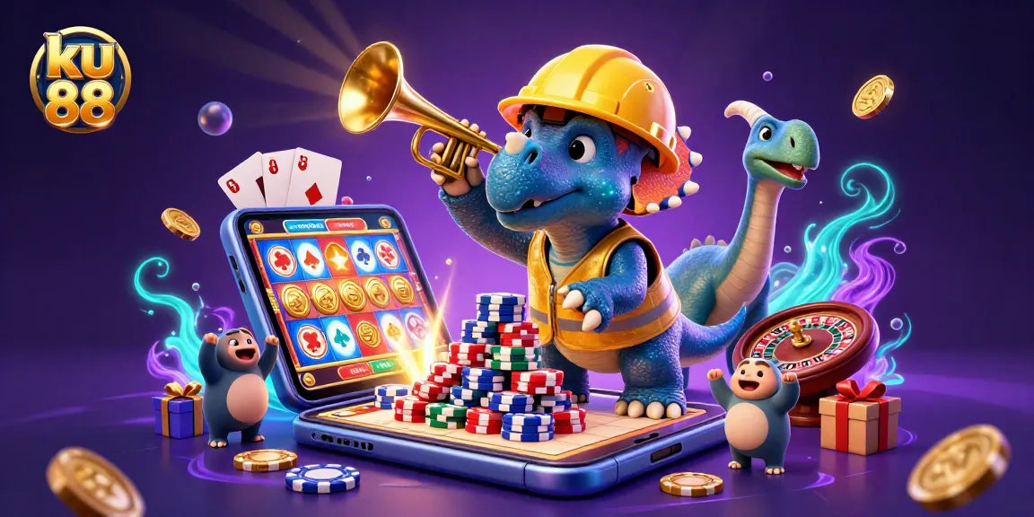 ku 88 showcases a vibrant casino scene with cartoon dinosaurs, poker chips, and slot games.