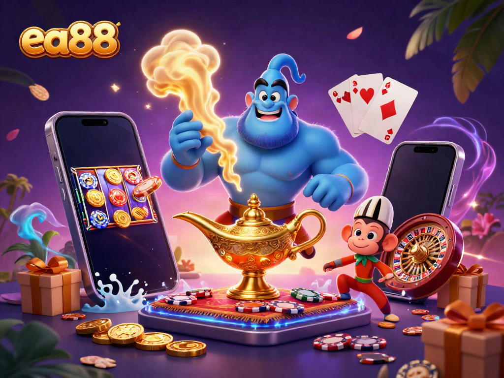 Experience the captivating magic of ea88 with a vibrant 3D casino scene featuring a genie and monkey.