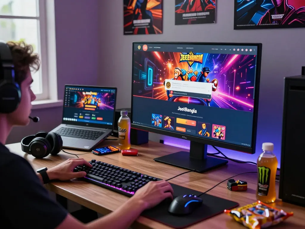 Player engaging with JeetBangla login on a vibrant gaming setup showcasing casino games and support.