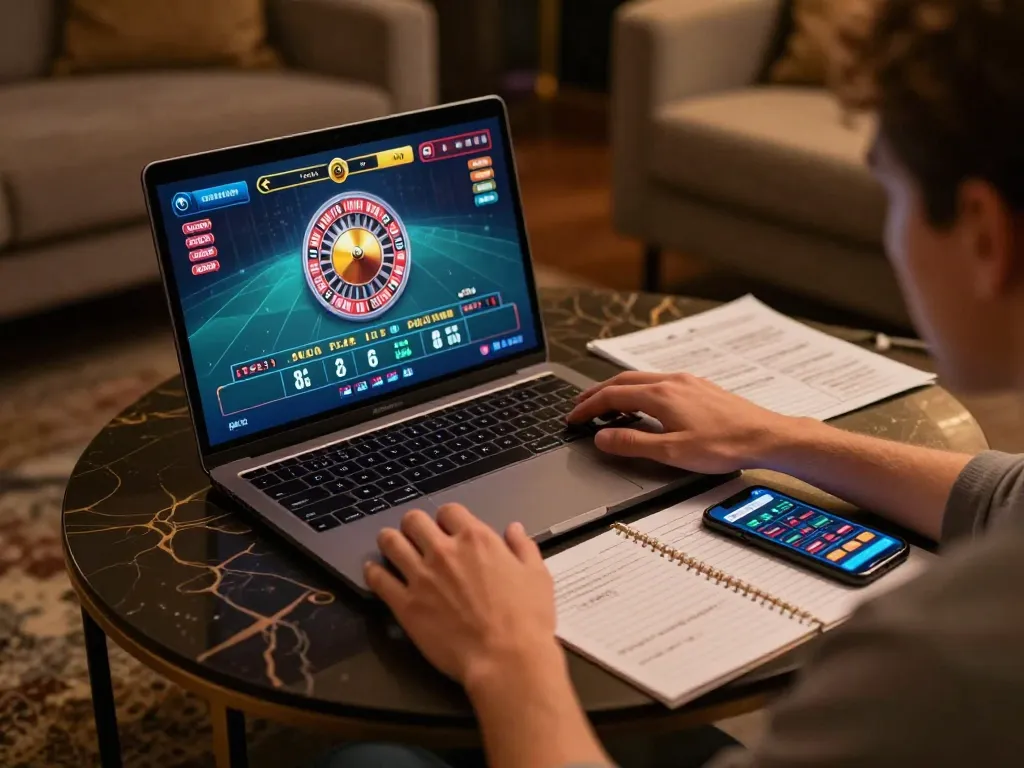 Engaging in an online roulette game with 789 strategies in a cozy home setup.
