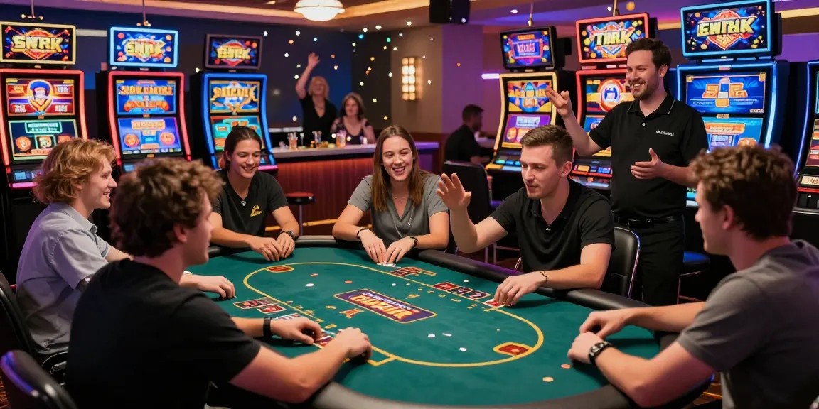 Esperienza di gioco entusiasmante in un casino online non AAMS che mostra diversi giocatori ai tavoli da poker e macchine da gioco vivaci, catturando bonus promozionali in un ambiente casinò vivace.