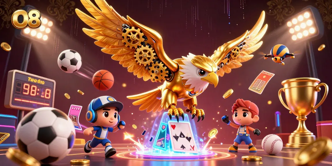 Experience O8's dynamic gaming scene with a cybernetic eagle amidst sports betting and casino elements.
