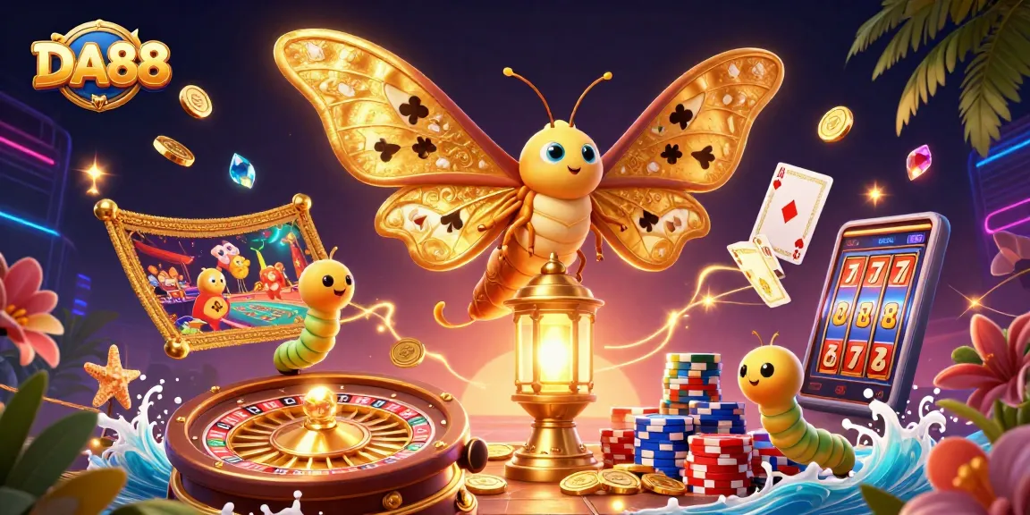 Join the fun at DA88 with vibrant casino scenes and golden games around the majestic moth.