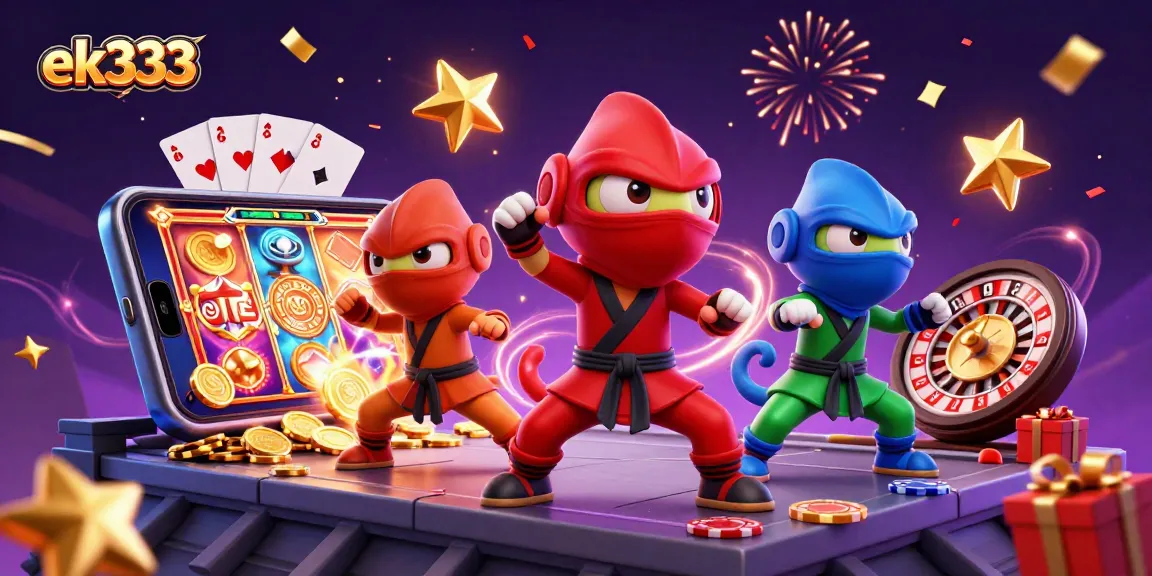 Experience winning thrills with ek333 as ninja chameleons celebrate alongside vibrant gaming elements.